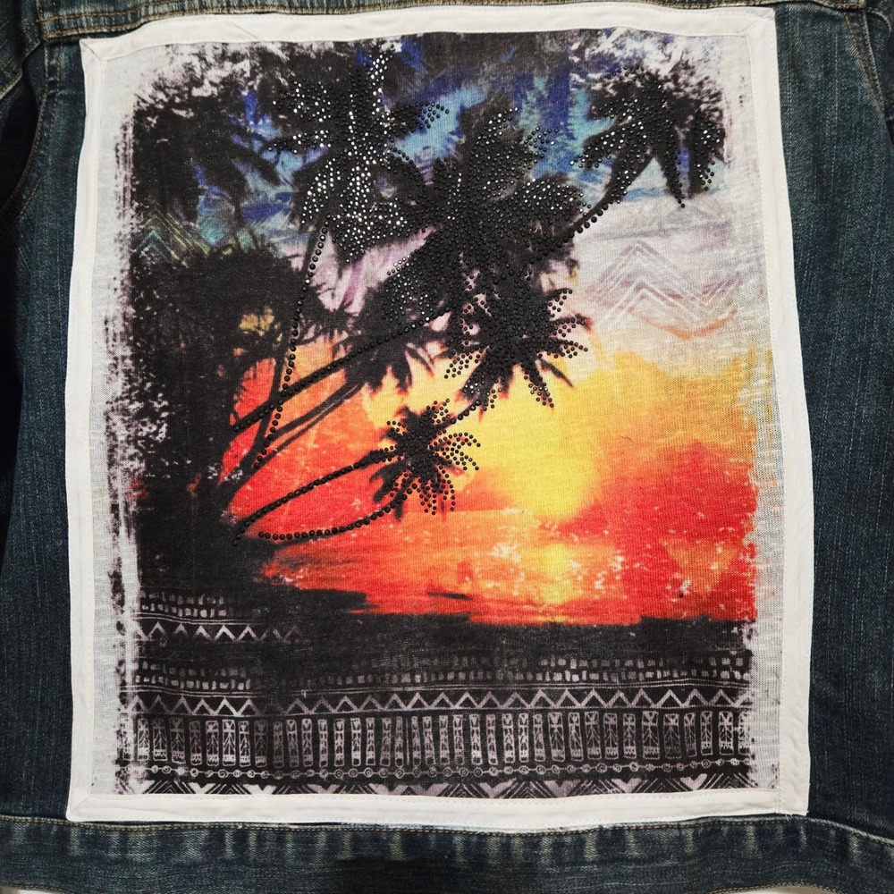 Susan Bristol Denim Jacket Embellished Tropical Sunset Palm Tree Design Size M